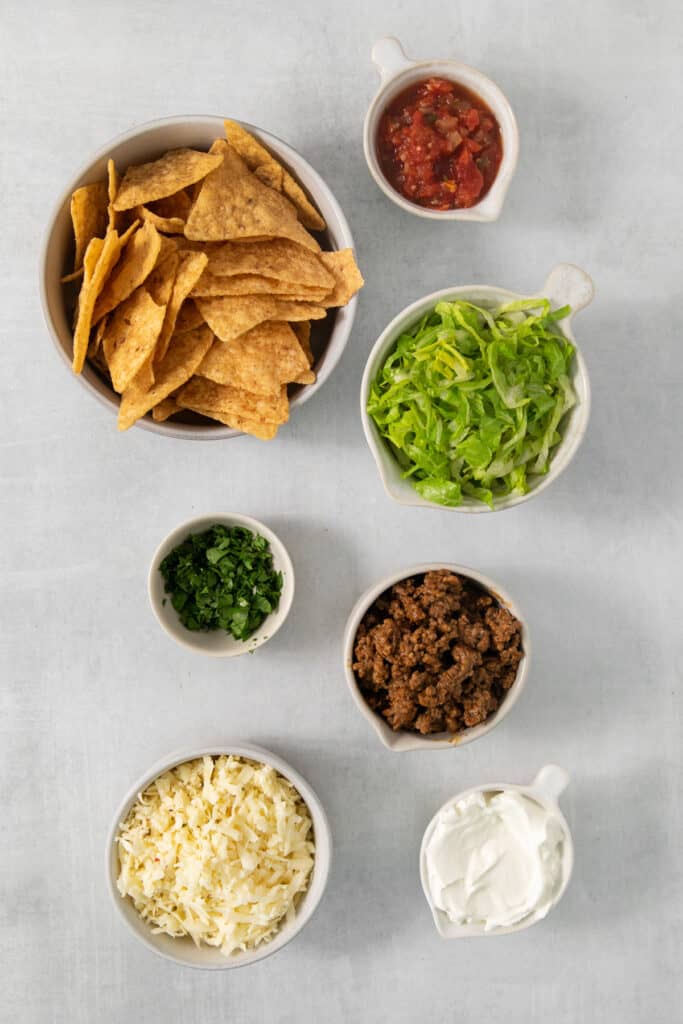 Various bowls of tortilla chips, salsa, sour cream, and guacamole.