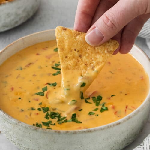 A person dipping a tortilla chip into a bowl of cheese dip.