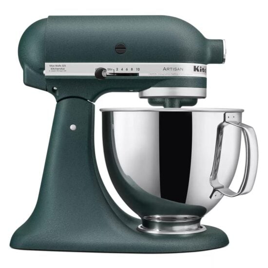 A kitchenaid mixer in a dark green color.