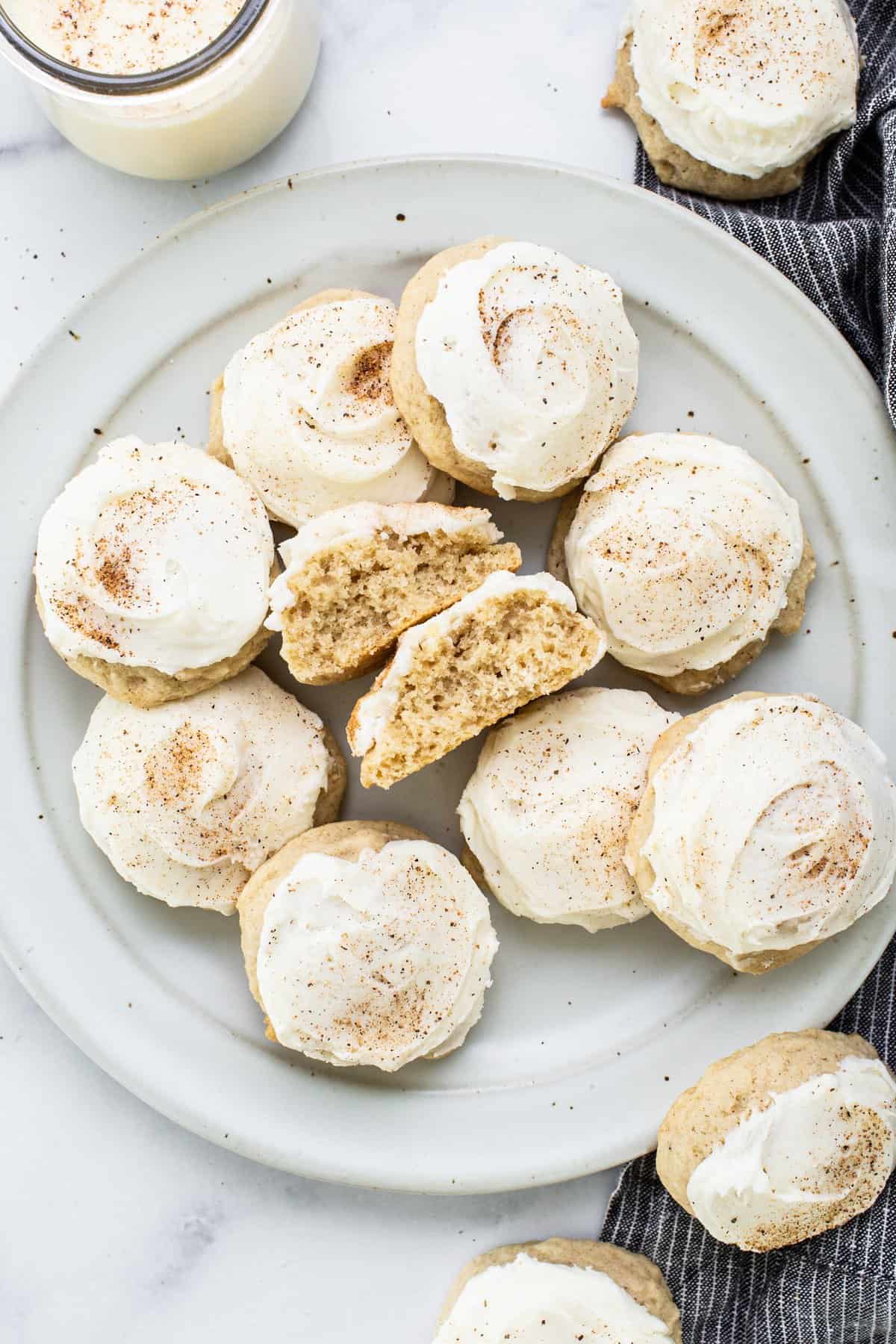 Cinnamon sugar cookies on a plate with icing.