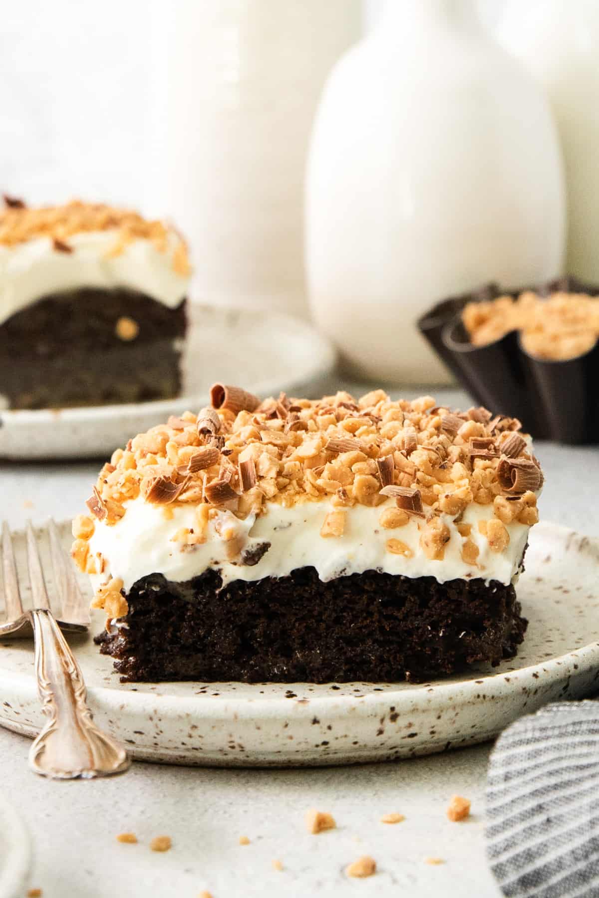 A slice of chocolate cake on a plate.