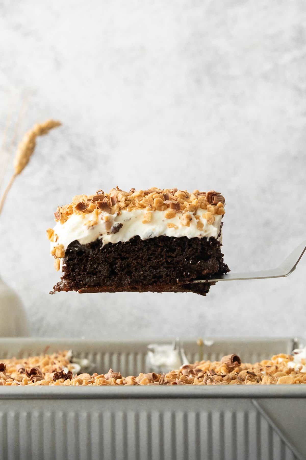 A piece of chocolate cake being taken out of a pan.