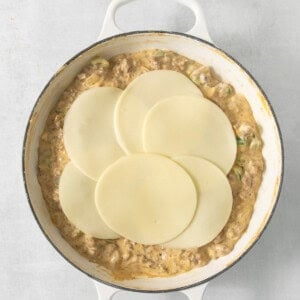 A dish with cheese and meat in it.