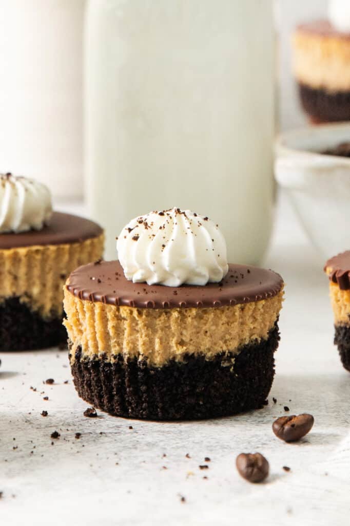 A group of chocolate peanut butter cheesecakes on a white table.