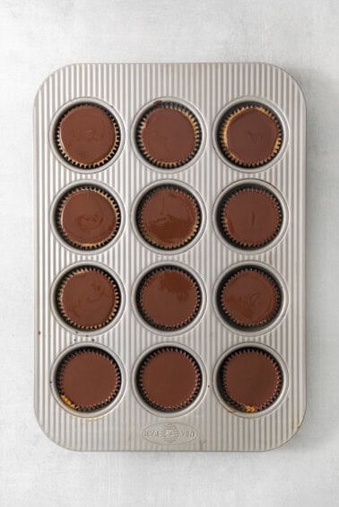 Overhead view of twelve espresso cheesecake cups topped with chocolate ganache in a muffin tin.
