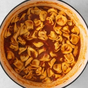 A pot of cooked tortellini pasta in tomato sauce.