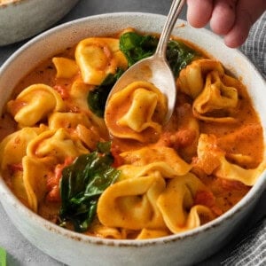 A bowl of tortellini in tomato cream sauce with spinach, served with a spoon.