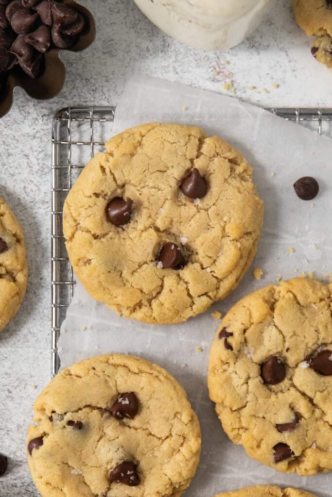 Close-up of freshly baked egg-free chocolate chip cookies resting on a wire rack covered with parchment paper. A bowl of chocolate chips and a jar of ingredients sit in the background.