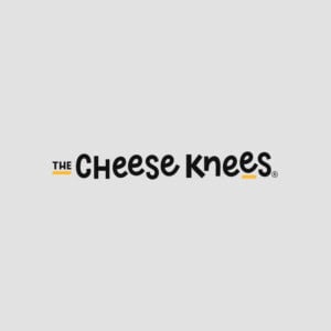 A logo with the text "The Cheese Knees" in a playful font, featuring small yellow accents on some of the letters. The text is centered on a light grey background.