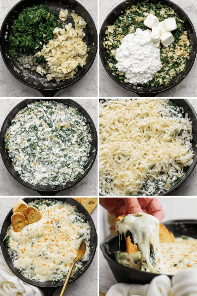 Six-panel image showing the step-by-step process of making a hot spinach artichoke dip, ending with melted cheese being scooped with bread.