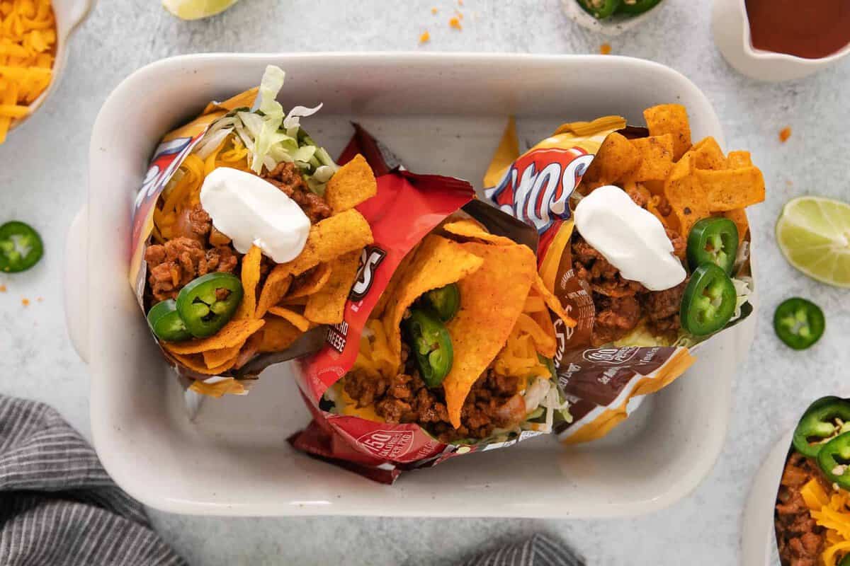 Walking tacos in a casserole dish.