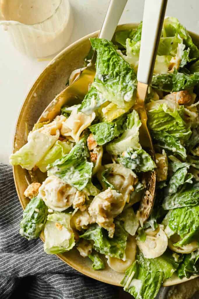 A plate of tortellini Caesar salad with romaine lettuce, croutons, grated cheese, and creamy dressing, served with utensils.