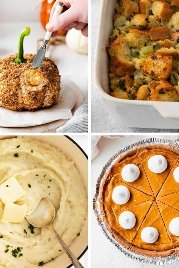 Pumpkin-shaped cheese ball, Parmesan stuffing, cream cheese mashed potatoes, and pumpkin cheesecake.